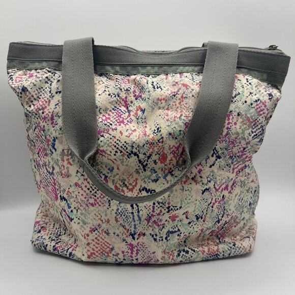LeSportsac Tote Bag Multicolor Abstrac Multicolor Print Silver Shimer Zip - Picture 1 of 13